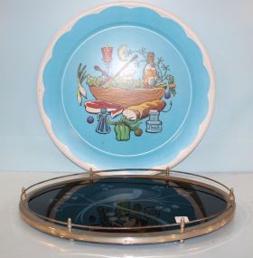 Large Round Painted Metal Party Tray, Large Oval Tray with Gallery and Silver Design of Bird on Limp