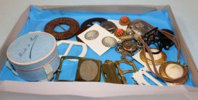 Box Lot with Belt Buckles, Earrings, and Key Chains