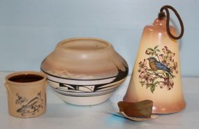 Legend ware Handcrafted Bell, Small Estee Lauder Crock, Mexican Pottery Bowl