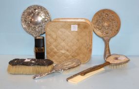 Vintage Handkerchiefs, Silverplate Dresser Set, Vintage Brush, Powder Jar, Channel #5 Cologne, Sterling Brush