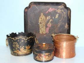 Black Vintage Metal Tray, Oriental Small Planter, Oriental Box, Copper Bucket