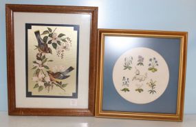 William Whiteside Foil Picture of Dogwood and Birds, Framed Stitch work
