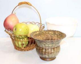 Milk Glass Fruit Bowl, Two Metal Containers Fruit