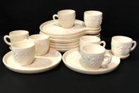 Eight Pink Milk Glass Snack Sets