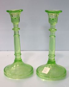 Pair of Green Etched Depression Glass Candlesticks