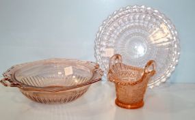 Pink Depression Plate, Pink Bowls, and Basket