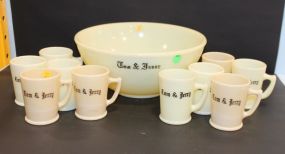Tom and Jerry Punch Bowl, with Six Matching Mugs, and Four Other Brown Mugs