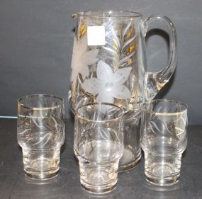 Flower Etched Pitcher and Three Glasses