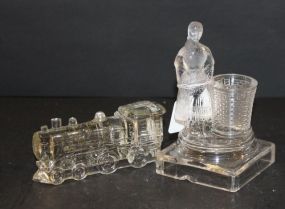 Pressed Glass Train and Lady Statue Toothpick Holder