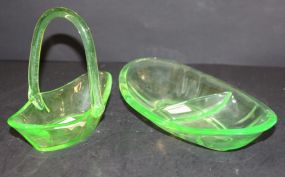 Green Depression Divided Dish and Small Basket with Handle
