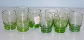 Nine Etched Green Depression Shot Glasses