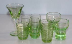 Eight Assorted Green Depression Shot Glasses