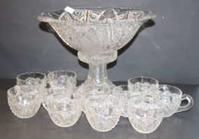 Pressed Glass Punch Bowl and Eleven Cups