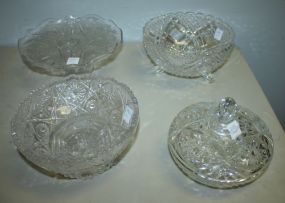 Glass Cake Stand, Bowls, and One Footed, Covered Dish