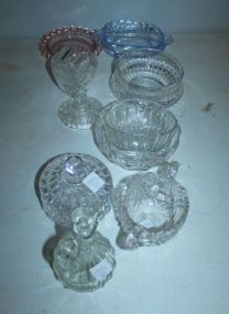Pink Depression Glass Dish, Blue Glass Dish, Various Glass Bowls, Sugar, Creamer, Cruet