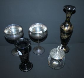 Two Silverplate Champaigne Glasses, Metal Vase, Black Glass Vase, Condiment