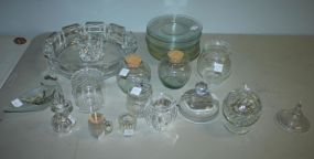 Fourteen Glass Plates, Large Lucite Serving Dish, Glass Jars, Cruet, Lids