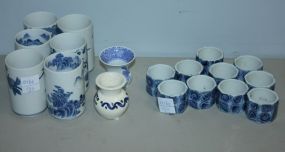 Ten Blue and White Porcelain Napkin Rings, Six Cups, Two Toothpick Holders