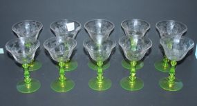 Set of Ten Etched Champaigne Glasses with Vaseline Stems