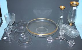 Two Glass Vases, Large Center Bowl, Candlesticks, Rectangular Dish, Glass