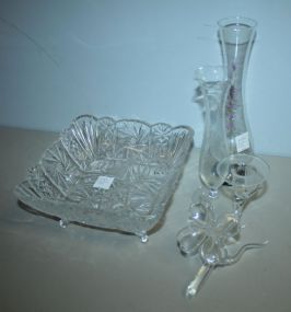 Glass Footed Bowl, Three Bud Vases