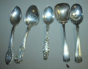 Three Sterling Jelly Spoons and Two Plated Spoons