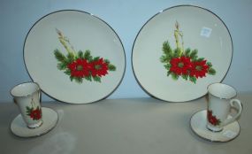 Poinsettia Tall Cup and Saucer by Triomphe, and Two Matching Dinner Plates