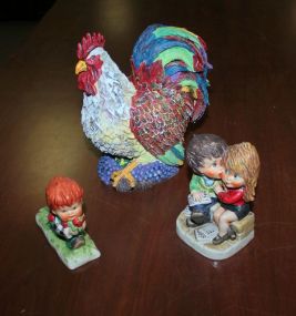 Ressin Rooster and Two Porcelain Figurines of Children