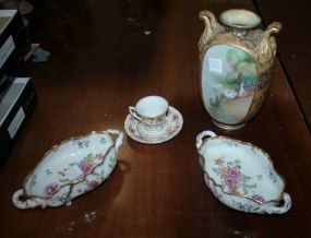 Handpainted Nippon Vase, Pair Footed Rectangular Dishes, Gold Castle Demi- Tesse Cup/ Saucer
