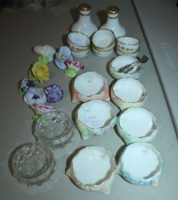 Group of Hand Painted Salt Cellars, Porcelain Salt/ Pepper Shakers, Two Marke', 828 Salt Spoons, Small Porcelain Floral Name Plates