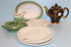 Sauce Dish, Royal Worchester Vegetable Bowl, Hand Painted Italian Leaf Shape Dish, Oyster or Egg Plate, McCormick Co. Tea Pot, Three Ironstone Plates