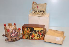 Rock a Bye Baby Swiss Musical Cradle, Small Wood Train in Box, Musical Wood Box, and Box of Vintage Cartoon Characters