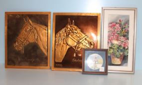 Picture of Mailbox Signed R. Nowell, Signed Painting of Flowers Signed Adrienne Penny, Two Hand Finished Copper Plaques by Bertoli