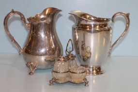 Two Silverplate Pitchers, Silverplate Condiment Stand