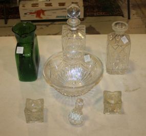 Two Glass Decaters, Bowl, Candle Holders, Green Vase