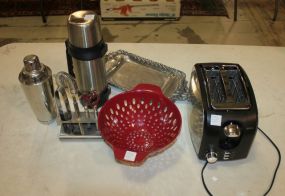 Sunbeam Toaster, Cuisipro Cocktail Shaker, Enamel Strainer, Themos, Untensils in Rack, Pewter Tray