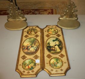 Pair of Compressed Painted Gold Sconces and Pair Venteeian Wall Plaques