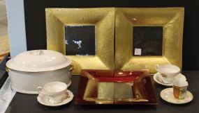 Two Square Plates, Three Cups/ Saucers, and Covered Dish