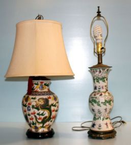 Two Painted Porcelain Lamps in Oriental Motif