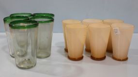 Set of Six Pink Opalescent Glasses, Five Clear Glasses with Green Rim