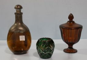 Small Green Cut Glass Rose Bowl, Decanter, and Amber Convered Candy Dish