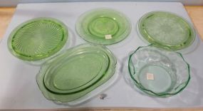 Six Pieces of Green Depression Glass Plate, Cake Stands, Two Plates, Oval Plate, and Bowl