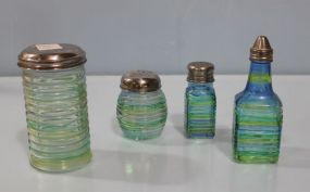 Four Piece Set of Green/ Yellow Glass Sugar, Vinegar, Shakers