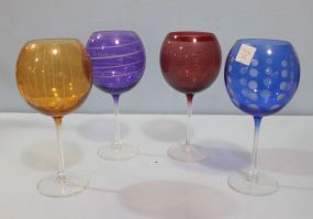 Four Large Color Glass Wine Glasses