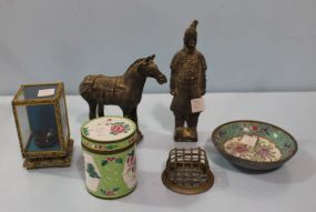 Small Cloth Oriental Display, Two Made in China Chalk Figurines, Enamel Bowl, Enamel Covered Jar