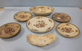 Four Semi Porcelain Painted Plates, Painted Plate, Bone Dish, Vegetable Bowl