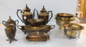 Group of Silverplated Tea Set, Bowls, Gravy, Trays