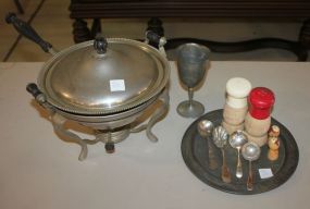 Silverplate Spoons, Pewter Goblet, Vintage Chaffing Dish, Two Pair Vintage Shakers
