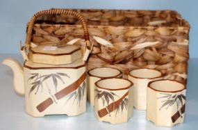 Ceramic Teapot with Cups, Basket