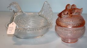 Clear Glass Hen on Nest, Pink Glass Love Birds